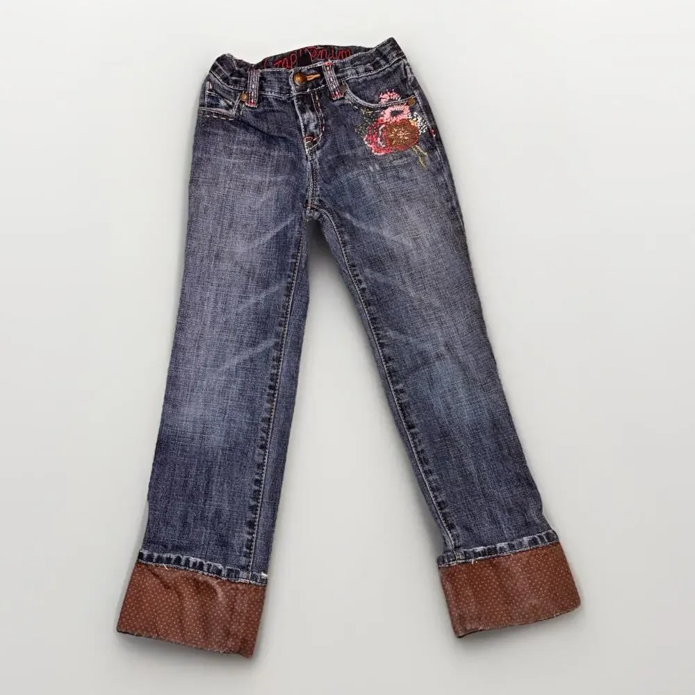 Baby Gap Toddler Girls Jeans Size 5 Years Denim Embroidered Cuffed Straight Leg